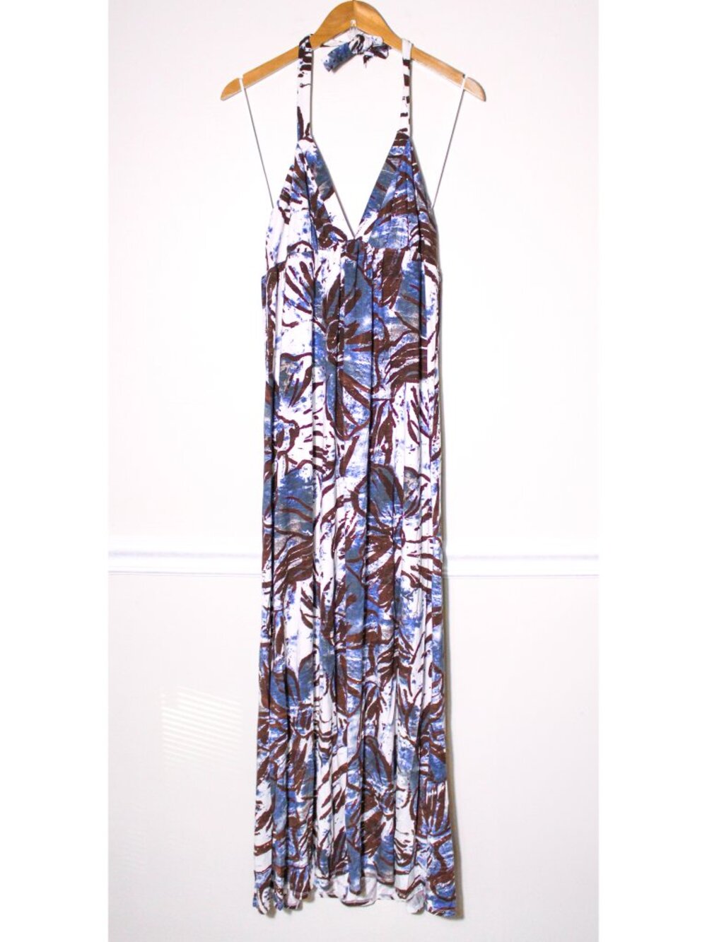 ABS Allen Schwartz Tropical Floral Halter Maxi Dress Resort Beach Size L